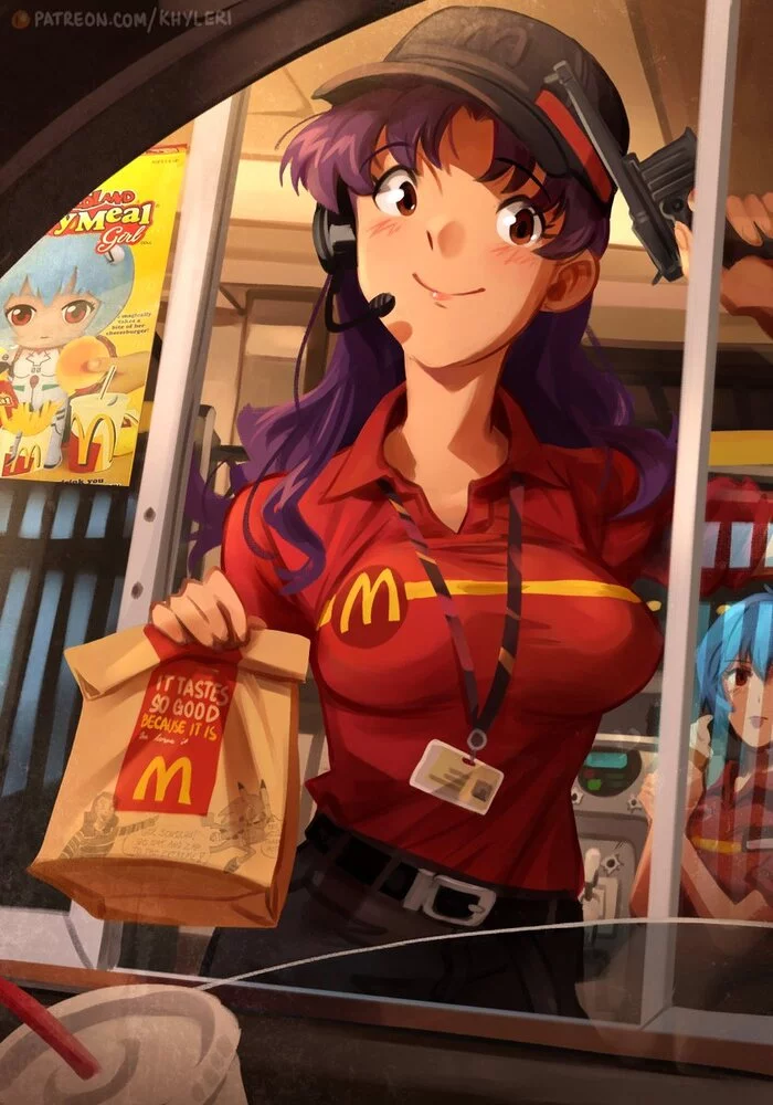 Misato and Rei at a part-time job - Misato katsuragi, Rei ayanami, Anime art, Anime, Evangelion, Khyleri