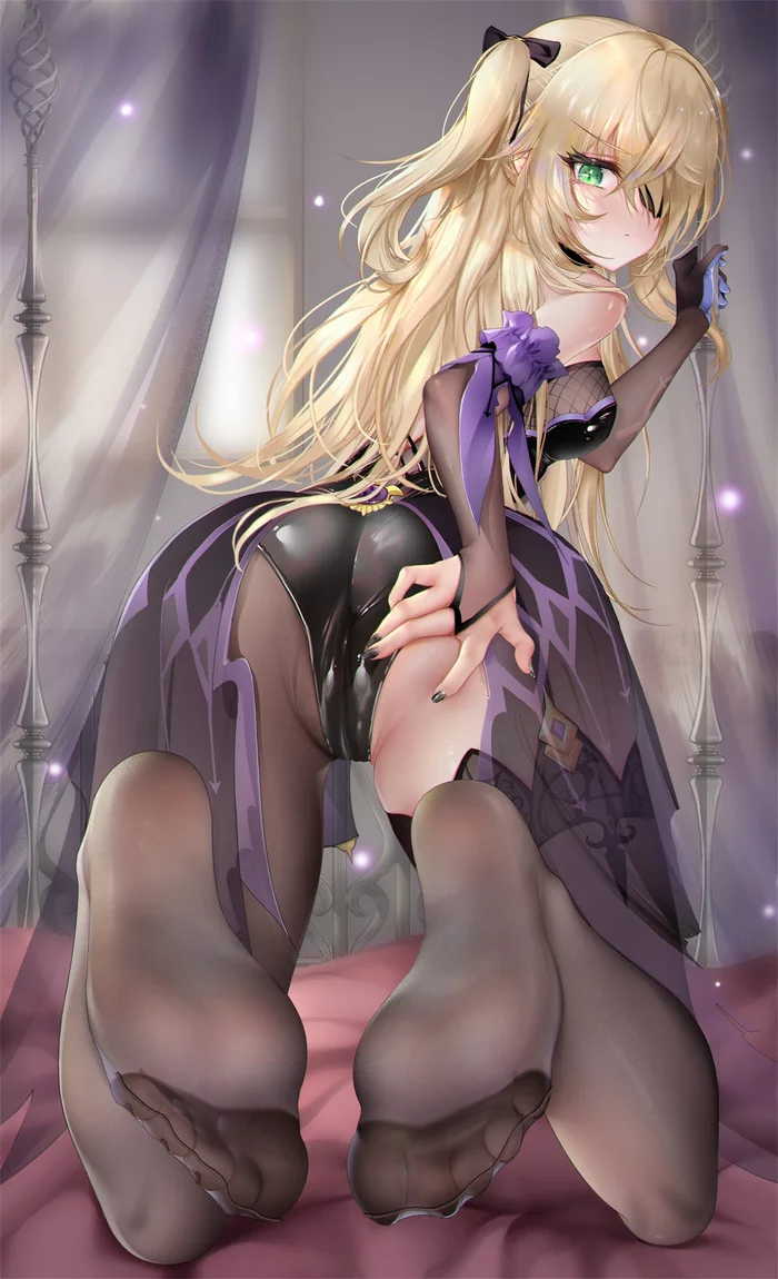 Hello, people of high culture - NSFW, Anime, Anime art, Genshin impact, Fischl, Foot fetish, Feet, Stockings, Tights, Booty, Cameltoe, Legs