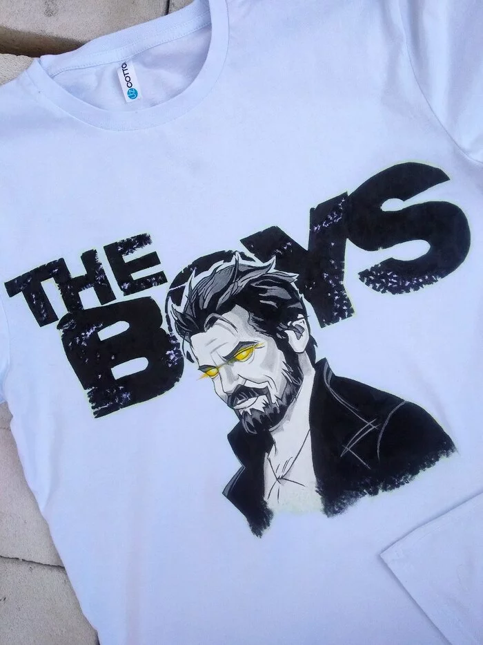 T-shirt with hand-painted - My, Needlework, Creation, Painting on fabric, Boys (TV series), Billy Butcher (Boys TV series), Mens clothing, T-shirt, Video, Vertical video, Longpost, Needlework without process