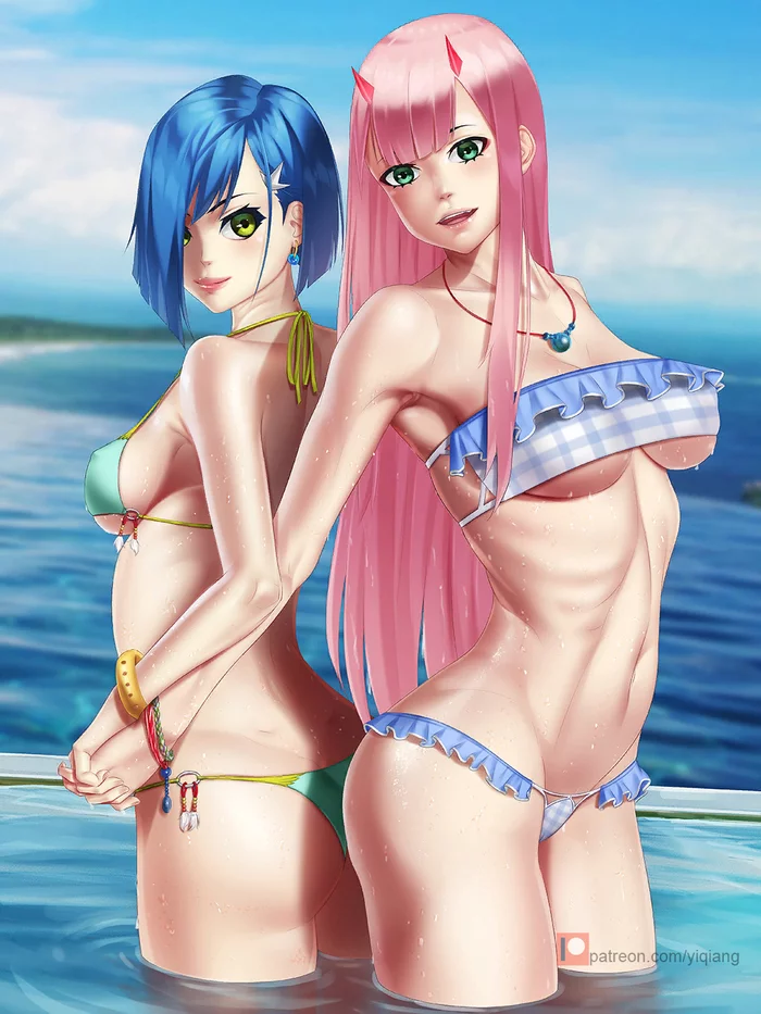 Ichigo x Zero - NSFW, Darling in the Franxx, Ichigo (Darling in the Franxx), Zero two, Anime, Swimsuit, Yi Qiang Cao, Anime art