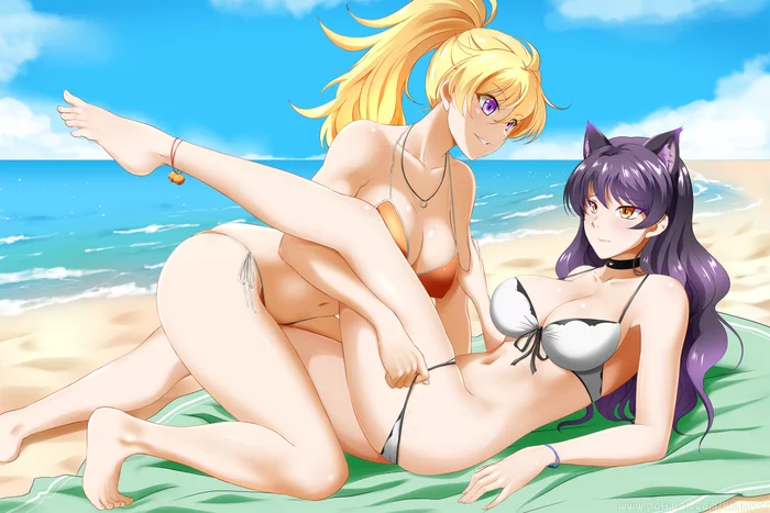 On the beach - NSFW, RWBY, Anime art, Art, Anime, Drawing, Kimmy77, Boobs, Sea, Sky, Clouds, Girls, Beach, Yang xiao long, Blake belladonna, Swimsuit