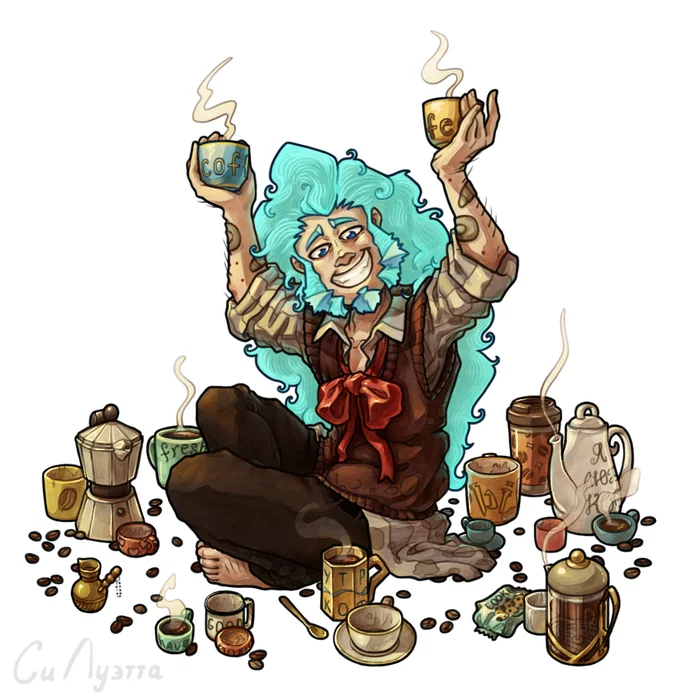 Jacob and lots and lots of coffee - My, Digital, Digital drawing, Characters (edit), Coffee, Drawing, Clip Studio Paint