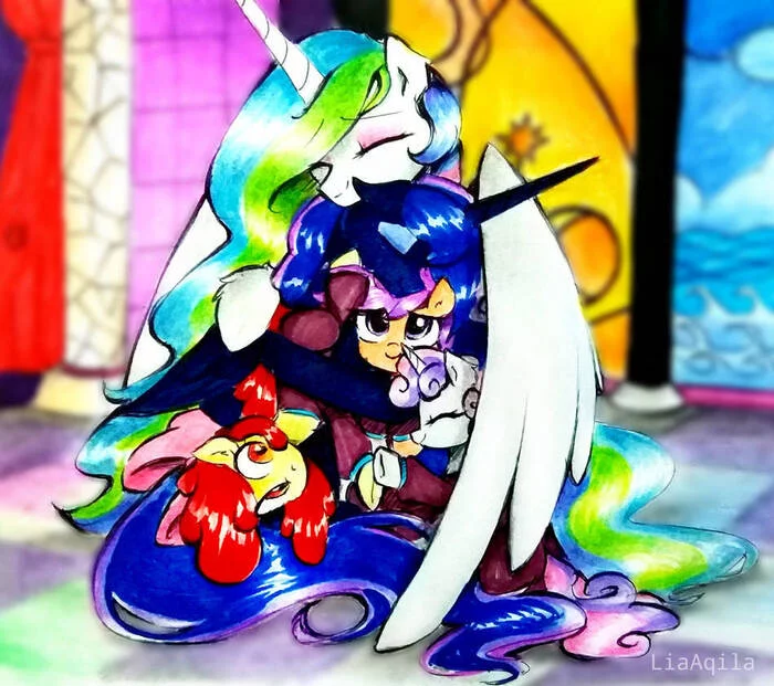 Mass hugs - My little pony, PonyArt, Princess luna, Princess celestia, Scootaloo, Applebloom, Liaaqila, Sweetie belle
