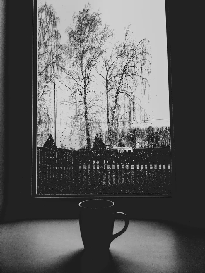 Cosiness - My, Cosiness, Tea, Autumn, Rain, Outside the window, The photo, Photographer, Black and white, A cup, Mobile photography