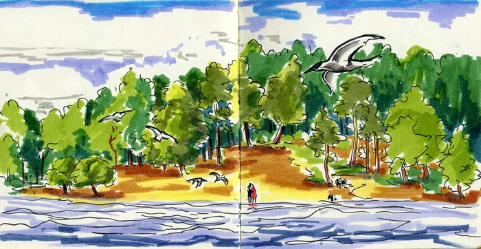 lakes - My, Sketch, Painting, Sketch, Graphics, Watercolor, Traditional art, Pastel, Oil pastel, cat, Mascara, Summer, Longpost, Watercolor markers