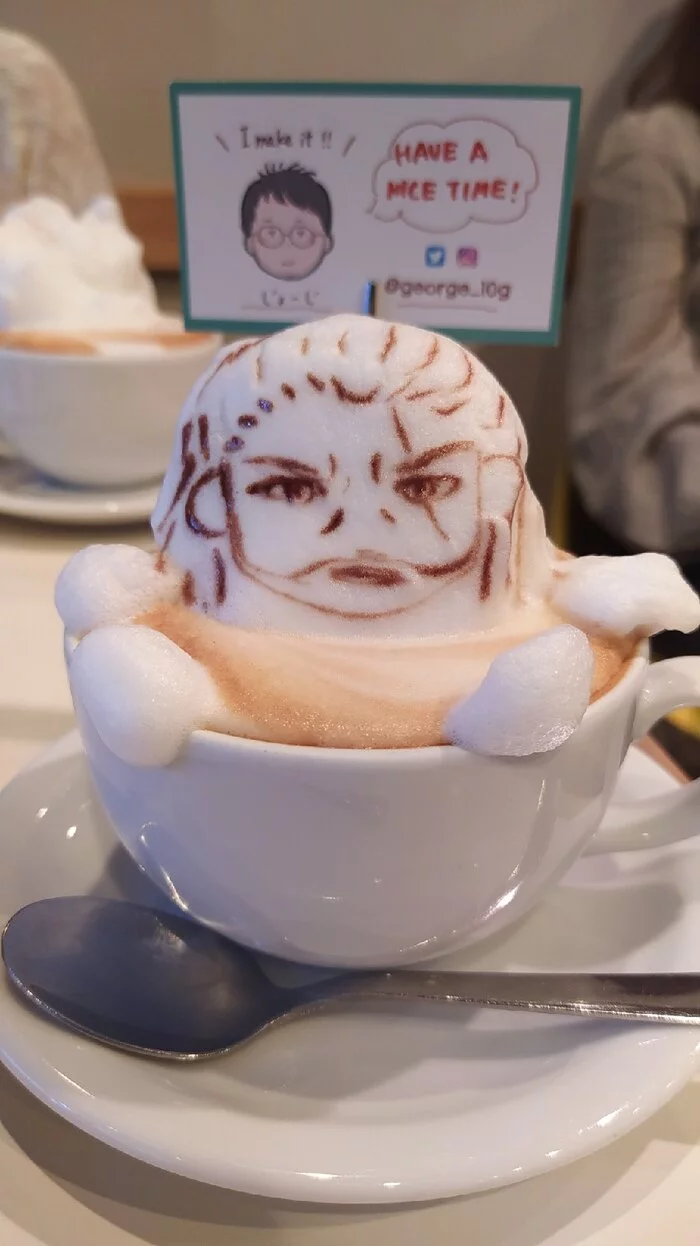 Reply to the post Spooning the snow... - My, Coffee, Witcher, Geralt of Rivia, Drawing on coffee, Japan, Reply to post, Cafe