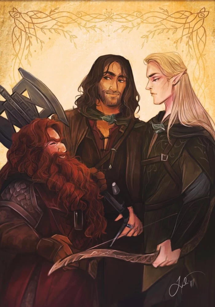 Three hunters - Drawing, Tolkien's Legendarium, Lord of the Rings, Aragorn, Gimli, Dunadans, Sindar, Gnomes, Art, Legolas