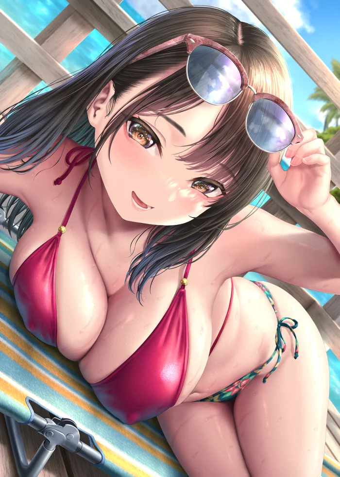 On holiday - NSFW, Art, Anime art, Girls, Anime, Hand-drawn erotica, Bikini, Original character, Tan line, Kase daiki, Longpost, Boobs