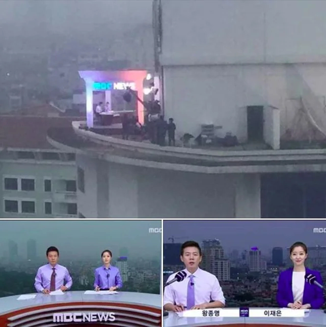 Korean news program is actually filmed on top of a building instead of using a green backdrop - Корея, Building, Roof, Repeat