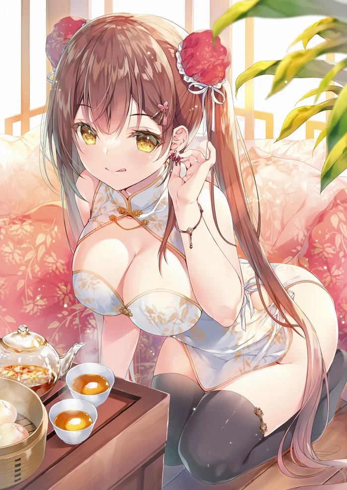 tea drinking - NSFW, Anime, Anime art, Original character, Miwabe Sakura, Qipao, Stockings, Hand-drawn erotica, Erotic, Longpost, Boobs