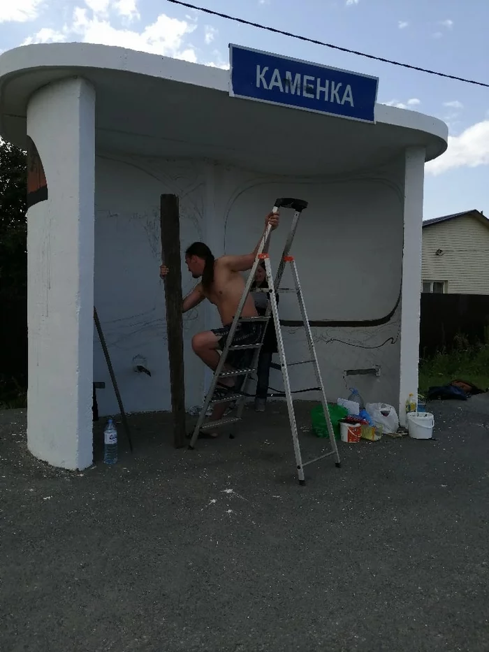 Роспись второй остановки в селе Каменка - Моё, Роспись, Остановка, Художник, Длиннопост
