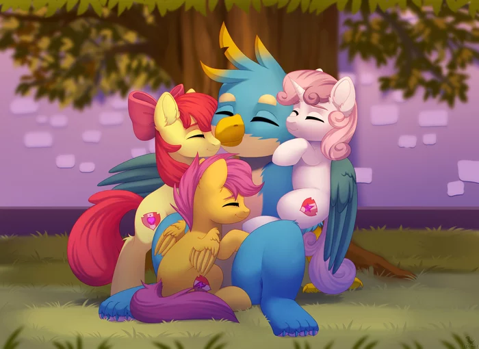 group hug - My little pony, PonyArt, Sweetie belle, Gallus, Scootaloo, Applebloom