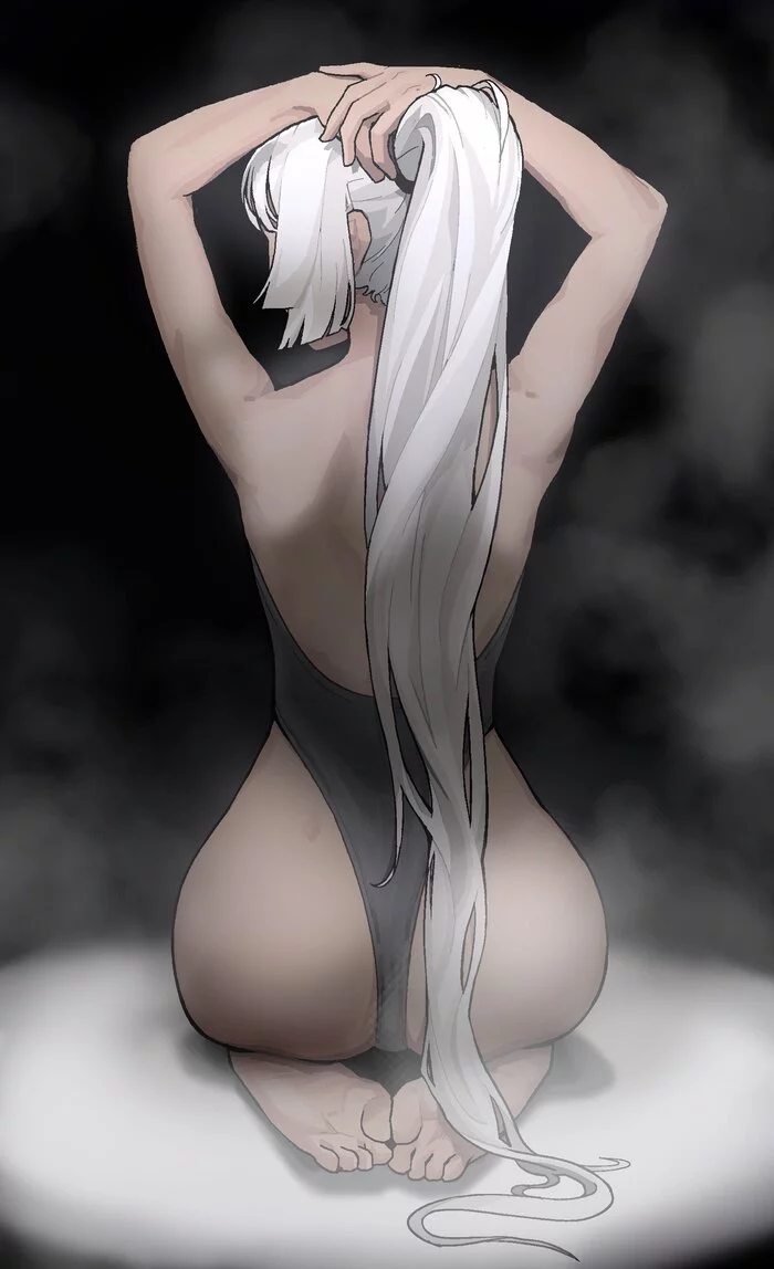 White - NSFW, Drawing, Blonde, Прическа, Girls, Back view, Art, Booty