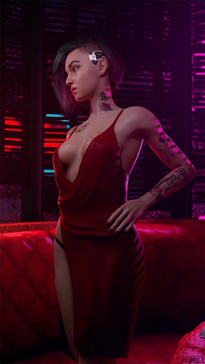 Judy Alvarez - NSFW, Erotic, Art, Judy Alvarez, Cyberpunk 2077, Girls, The dress, 3D, Longpost, Boobs