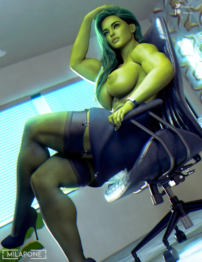 Who needs a strong lawyer? - NSFW, Milapone, Muscleart, She-Hulk, Marvel, Render, Art, Office, Boobs, Erotic, Girls, Strong girl, Stockings, 3D