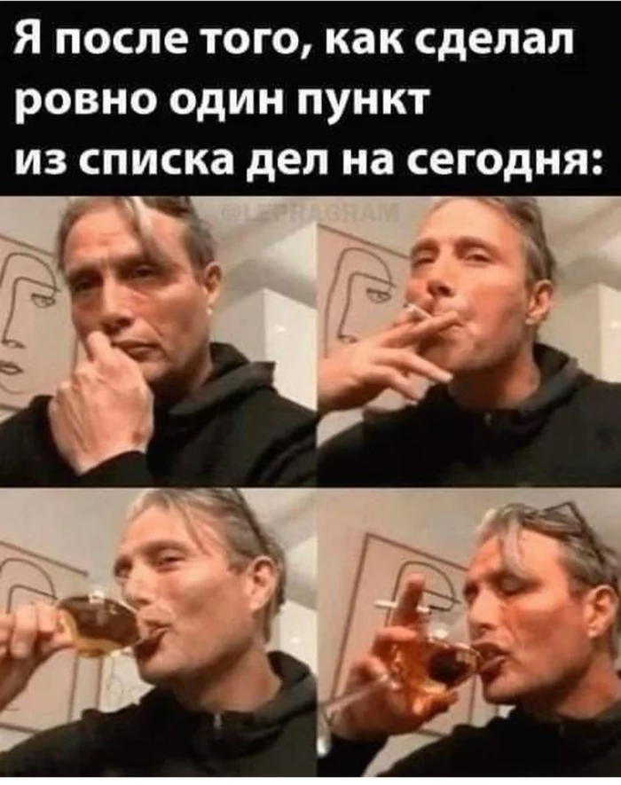 Productivity 100 points - Humor, Mads Mikkelsen, Wine, Cigarettes, Coolness, Repeat, Picture with text