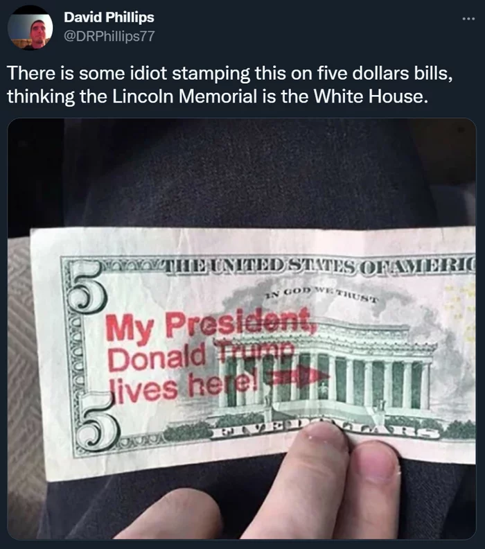 Five dollar bill with text - Dollars, Stamp, Idiocy, Inadequate, Picture with text, Stupidity