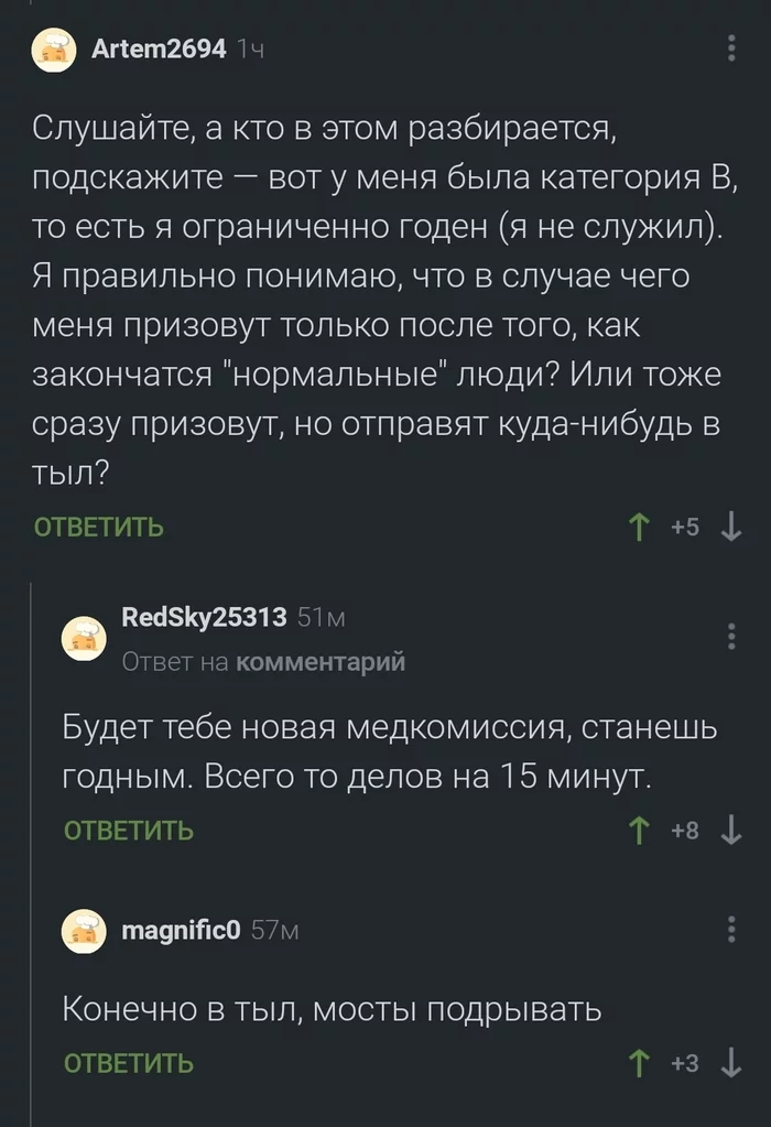 Ограниченно годных в тыл? - Моё, Скриншот, Юмор, Черный юмор, Мобилизация, Комментарии на Пикабу, Комментарии