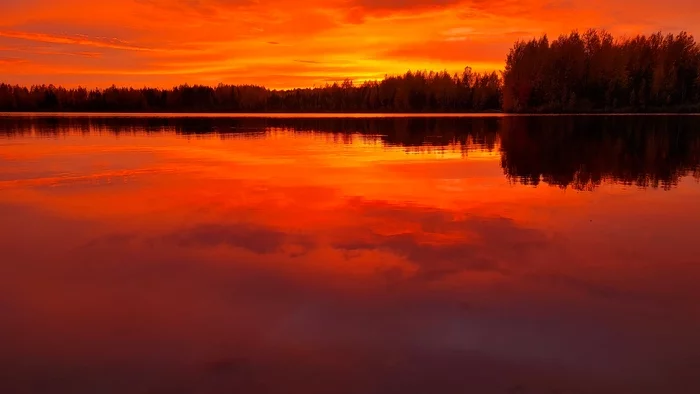 The surface of the water burned at sunset - My, No filters, Mobile photography, Lake, Autumn, KhMAO, Sunset