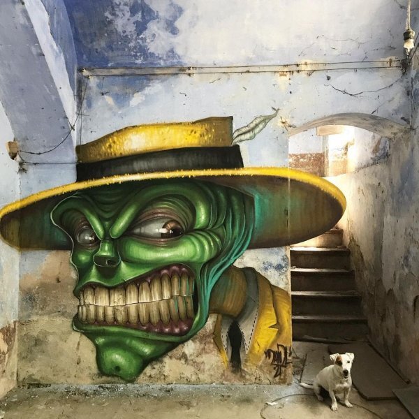 Graffiti by an artist from Barcelona who paints in abandoned places - Images, From the network, Graffiti, Modern Art, Monsters, Inc, SpongeBob, The Mask (film), Alice in Wonderland, Pink Panther, Shrek, Scooby Doo, Tasmanian devil, Hulk, Yoda, Minions, Joker, Cartoons, Artist, Longpost, The Simpsons