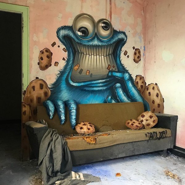 Graffiti by an artist from Barcelona who paints in abandoned places - Images, From the network, Graffiti, Modern Art, Monsters, Inc, SpongeBob, The Mask (film), Alice in Wonderland, Pink Panther, Shrek, Scooby Doo, Tasmanian devil, Hulk, Yoda, Minions, Joker, Cartoons, Artist, Longpost, The Simpsons