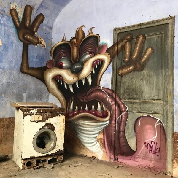 Graffiti by an artist from Barcelona who paints in abandoned places - Images, From the network, Graffiti, Modern Art, Monsters, Inc, SpongeBob, The Mask (film), Alice in Wonderland, Pink Panther, Shrek, Scooby Doo, Tasmanian devil, Hulk, Yoda, Minions, Joker, Cartoons, Artist, Longpost, The Simpsons