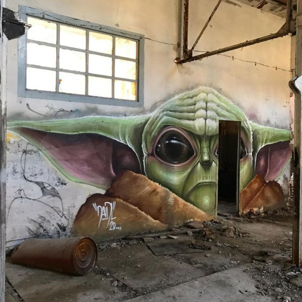 Graffiti by an artist from Barcelona who paints in abandoned places - Images, From the network, Graffiti, Modern Art, Monsters, Inc, SpongeBob, The Mask (film), Alice in Wonderland, Pink Panther, Shrek, Scooby Doo, Tasmanian devil, Hulk, Yoda, Minions, Joker, Cartoons, Artist, Longpost, The Simpsons