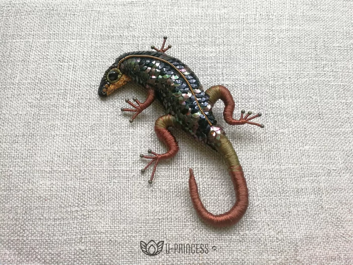 Brooch Lizard - My, Beads, Sequins, Brooch, Hobby, Needlework without process, Handmade, Longpost