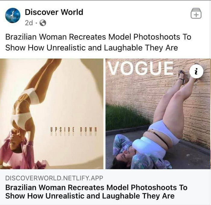 Бразильская женщина повторяет позы из модных журналов, чтобы наглядно показать как "смешно" и "нереалистично" они выглядят... Скриншот, Facebook, Стойка на руках, Женщины, Ожирение