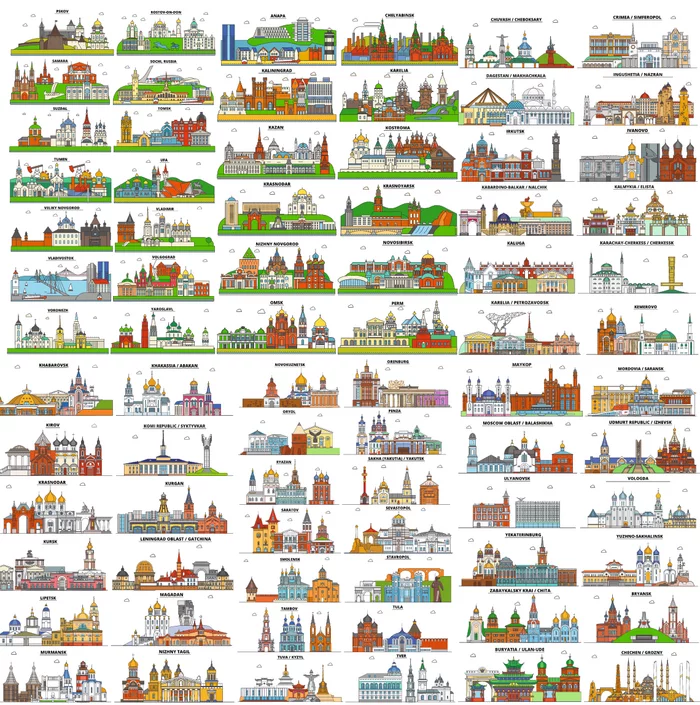 Cities of Russia in vector for printing, cutting and engraving - Vector graphics, Corel draw, Laser, Sample, Presents, Souvenirs, Freebie, Small business, Wood products, Engraving, Laser cutting, sights, With your own hands, Sketch, Layout, beauty, Milota, Town, Cities of Russia, CNC, My