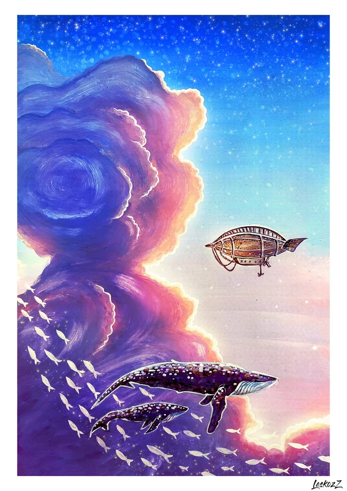 If there is a cloud, then where without whales? - My, Illustrations, Drawing, Painting, Art, Krita, Gouache, Clouds, Friday tag is mine, Longpost, Whale