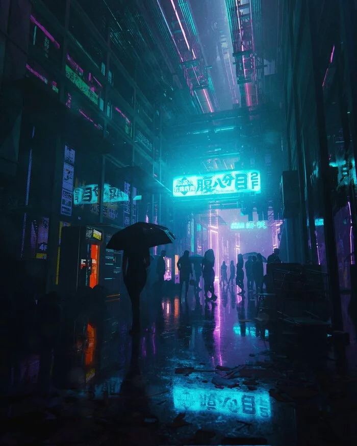 Dark nights, neon lights - Drawing, Town, Cyberpunk, Neon, Neon backlight, Night light, Max Hay, Art, City lights