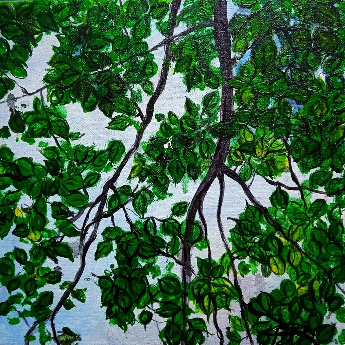 How many leaves are in this picture? - My, Beginner artist, Painting, Acrylic, Drawing, Landscape, My place, Hobby, Longpost, Drawing process