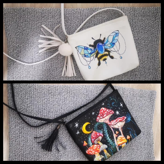 Handmade bags - My, Needlework without process, Bees, Mushrooms, Artificial leather, Lady's bag, Acrylic, Sketch, Drawing, Artist, Customization, Magic mushrooms