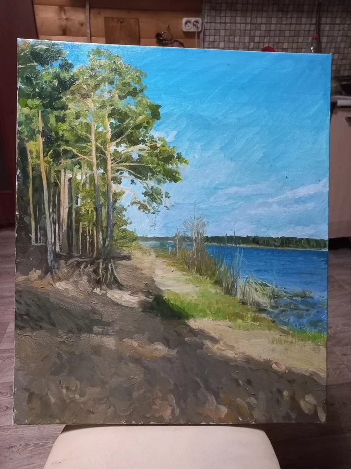 Landscape in oil on canvas pines on the banks of the Volga in spring - Landscape, Butter, Pine, Light and shadow, Sky, Volga river, Shore, Painting, Longpost, Painting