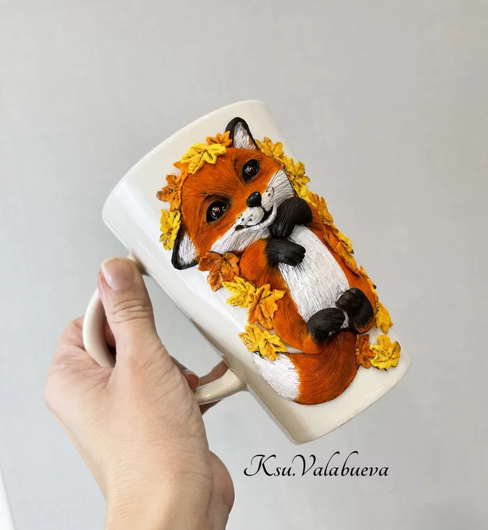 Fox cub in autumn leaves - My, Polymer clay, Fox, Autumn, Кружки, Milota, Needlework, Needlework without process, With your own hands, Longpost, Mug with decor