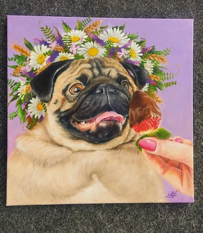 Oil pug as a gift for a wedding - My, Self-taught artist, Artist, Bouquet, Wreath, Portrait by photo, Portrait, Pug, Dog, Strawberry (plant), Oil painting, Art, Street art, Traditional art, Animals, Pets, Sushi