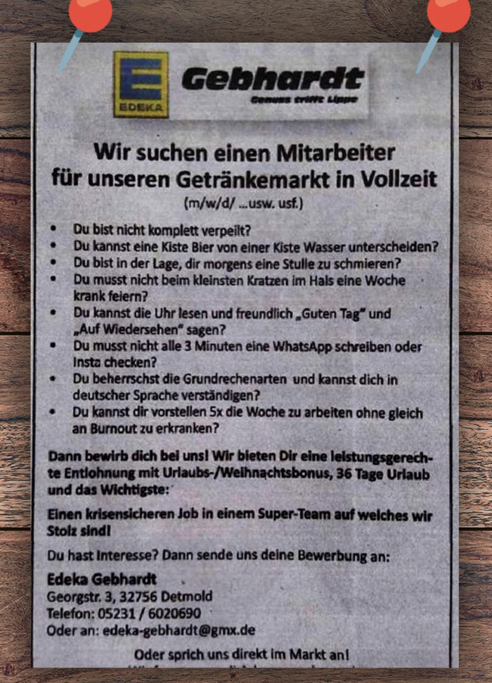 Объявление о приёме на работу в немецком магазине Юмор, Работа, Смешные объявления, Немецкий язык