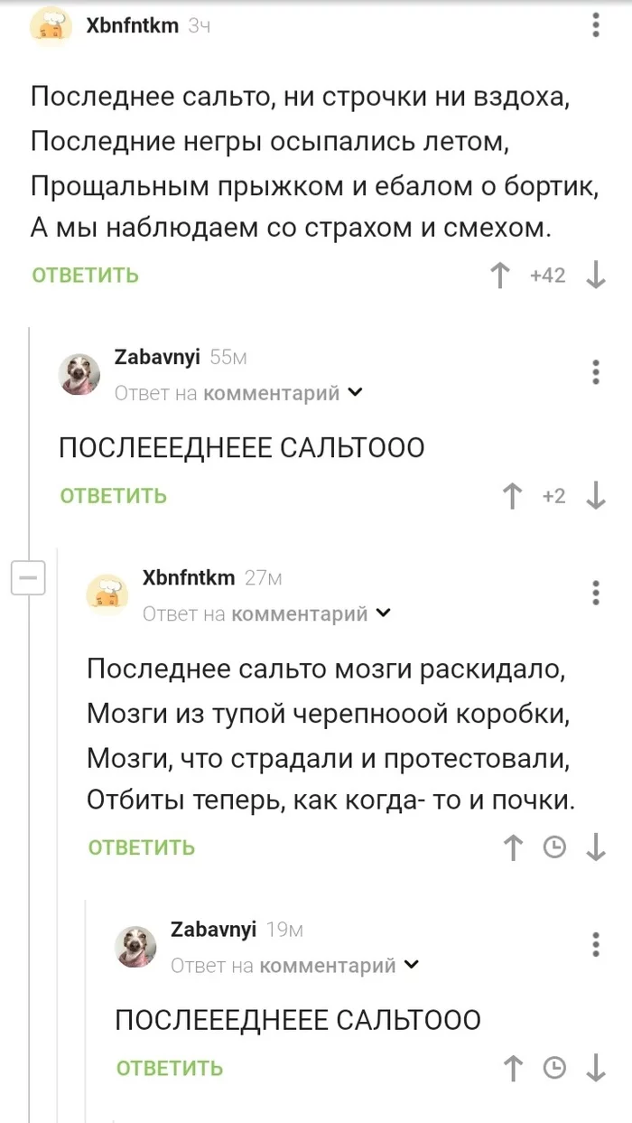 Последнее сальто #2 - Стихи, Скриншот, Спонтанность, Длиннопост, Черный юмор, Комментарии на Пикабу, Юрий Шевчук