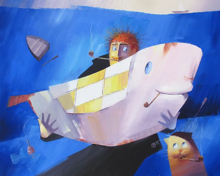 Painting Eccentric and the Sea. Canvas, oil 40X50 cm. I will make to order - Smile, Oil painting, Art, Art, Painting, Humor, Fishing, Artist, Milota, Children's poems, Positive, cat, Absurd, A fish, Fishermen, A boat