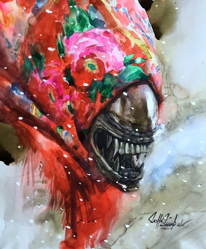 Alien grandmother - My, Stranger, Hans Giger, Watercolor, Humor, Grandmother