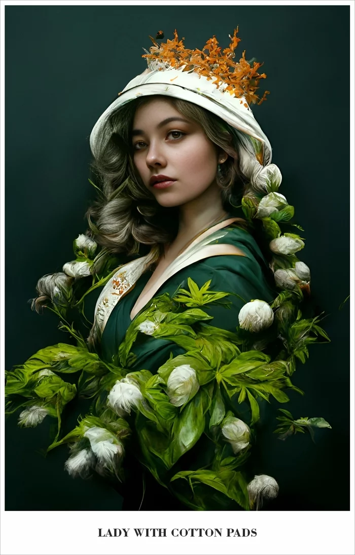 Lady and dried cotton flowers - My, Portrait, Нейронные сети, Midjourney, Illustrations, Girls