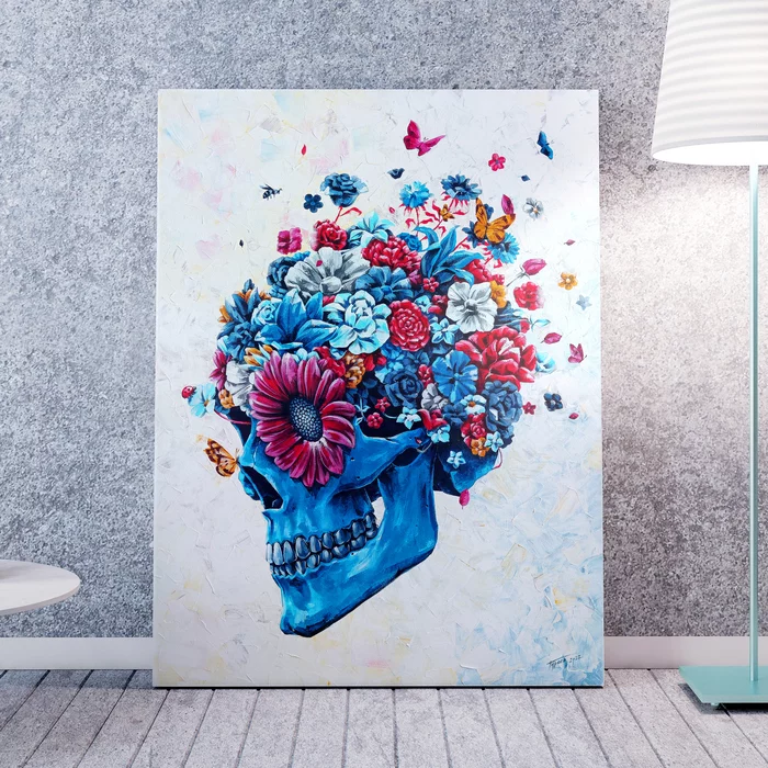 Painting Skull with flowers. - My, Painting, Interior painting, Scull, Acrylic, Flowers, Butterfly, Oil painting, Painting, Modern Art, Artist