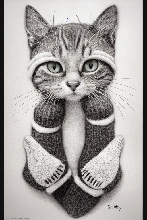 Cats and knitted - My, Нейронные сети, Midjourney, Illustrations, cat, Graphics, Graphite, Longpost