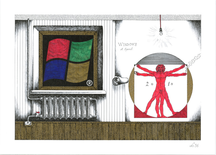 "Windows" Александр Ерашов, Тушь, Традиционный арт, Графика, Окно, Windows, Витрувианский человек, Квартира