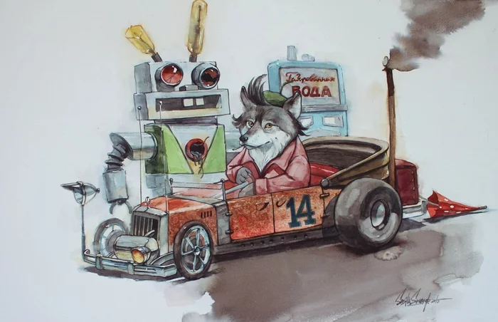 Wolf from Just you wait and a Soviet hot rod - My, Wait for it!, the USSR, Soyuzmultfilm, Hot Rod, Watercolor, Wolf, Tuning, Robot, Soda
