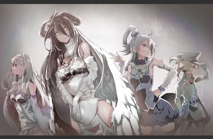 isekai girls - Art, Anime, Anime art, Isekai quartet, Overlord, Albedo, Emilia, Aqua, Konosuba, Tanya Degurechaff, Youjo senki