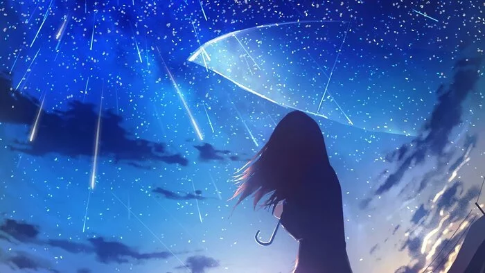 Under the starry rain... - Art, Anime, Anime art, Night, Starfall