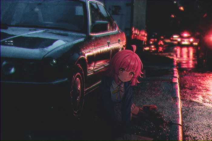 Red Storm - My, Anime art, Anime, Anime madskillz, Girls, Red, Car, Tulpa