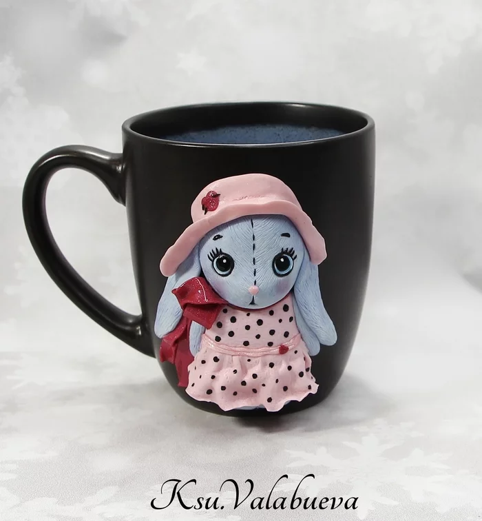 Clay plush rabbit - My, Polymer clay, Rabbit, Mug with decor, Кружки, Needlework, Needlework without process, With your own hands